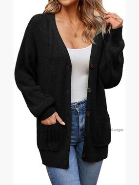 Oversized Cotton Cardigan with Lantern Sleeves and Pockets